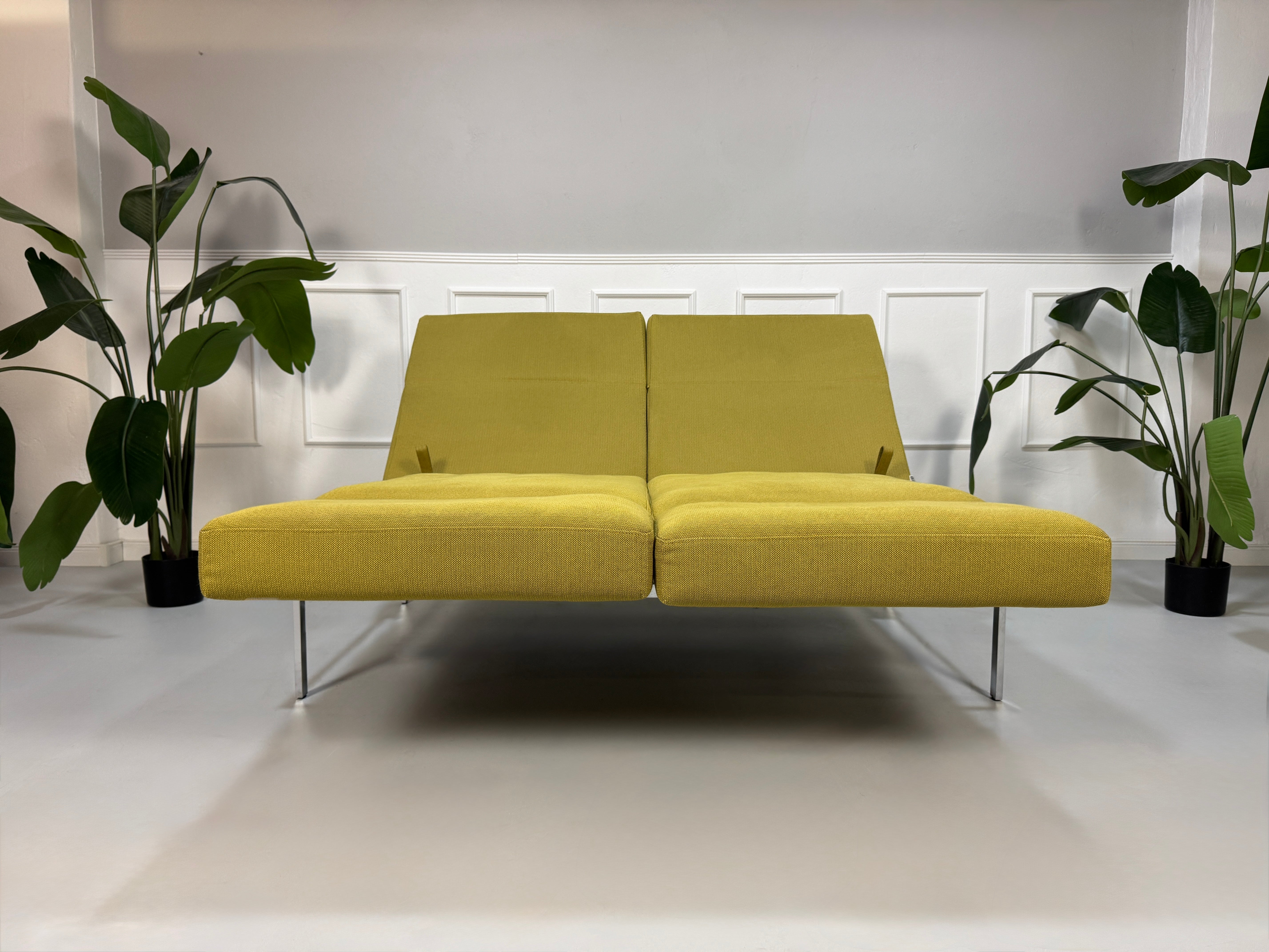 Gebrauchtes grünes Brühl Roro Soft Designer Stoff Sofa vor einer Wand, stilvoll und modern eingerichtet.