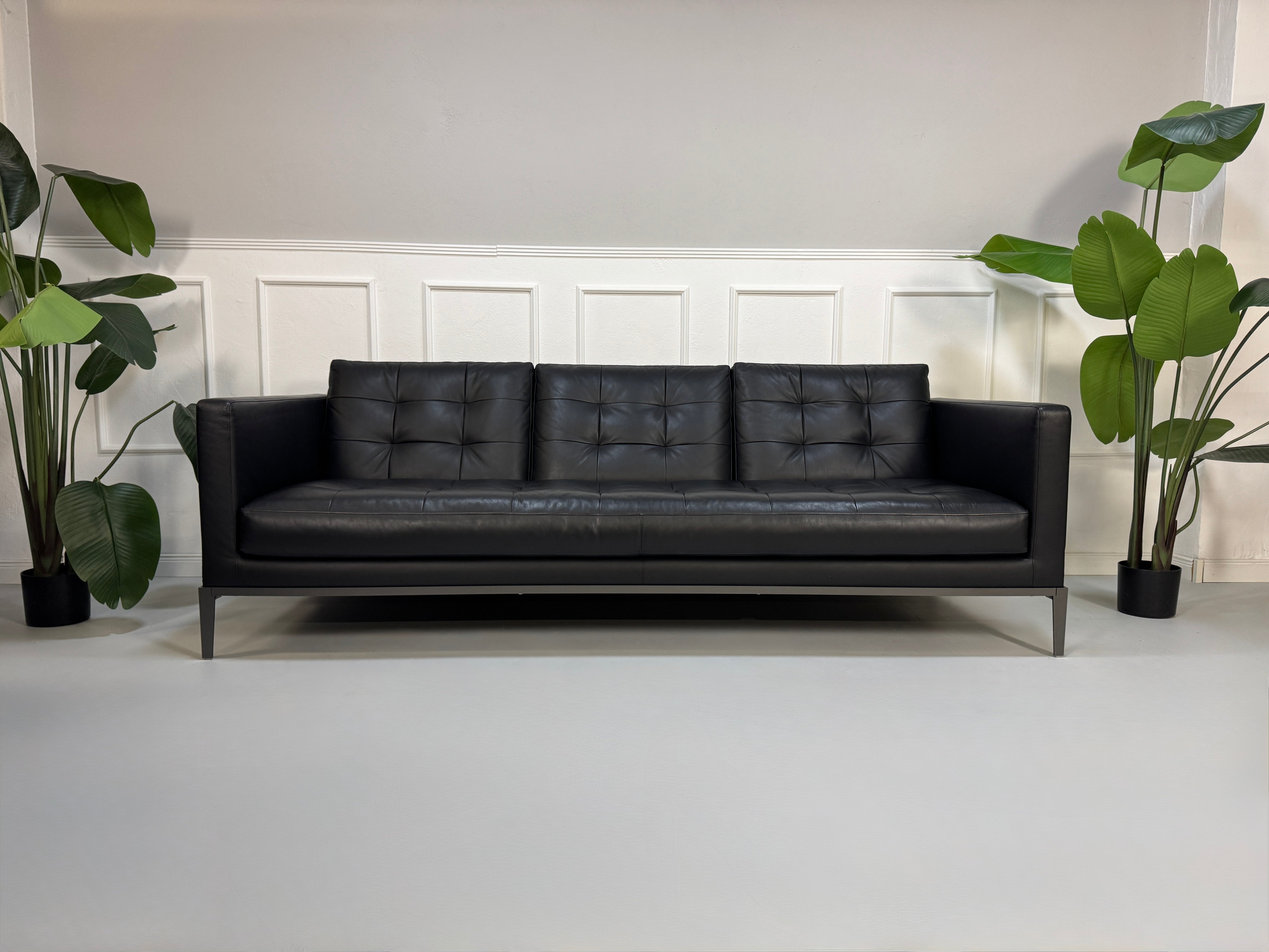 Gebrauchtes schwarzes B&B Italia AC Lounge Designer Leder Sofa vor einer Wand, stilvoll und modern eingerichtet.