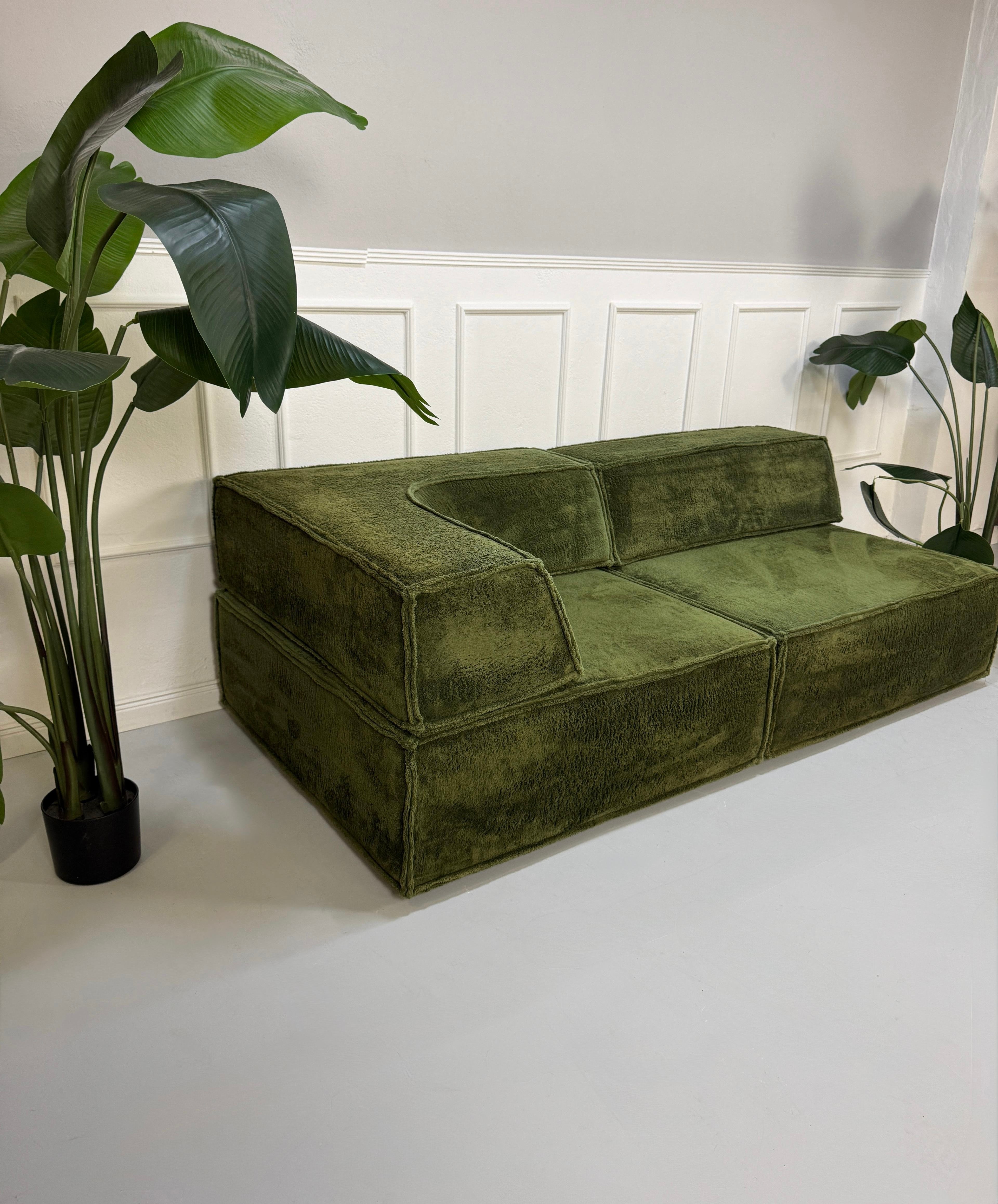 Gebrauchtes grünes COR Trio Designer Stoff Sofa vor einer Wand, stilvoll und modern eingerichtet.