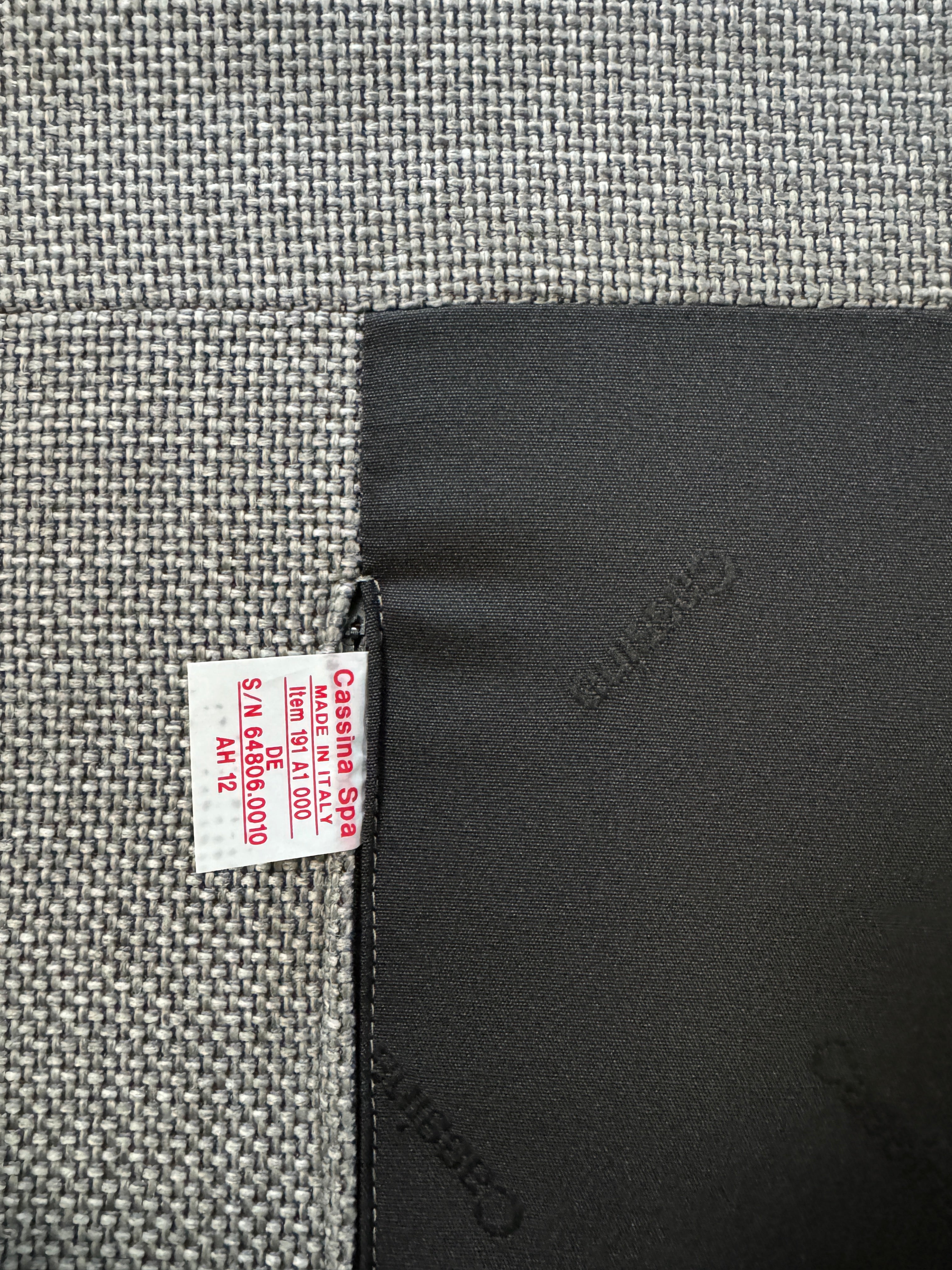 Gebrauchtes graues Cassina Moov Designer Stoff Sofa vor einer Wand, stilvoll und modern eingerichtet.