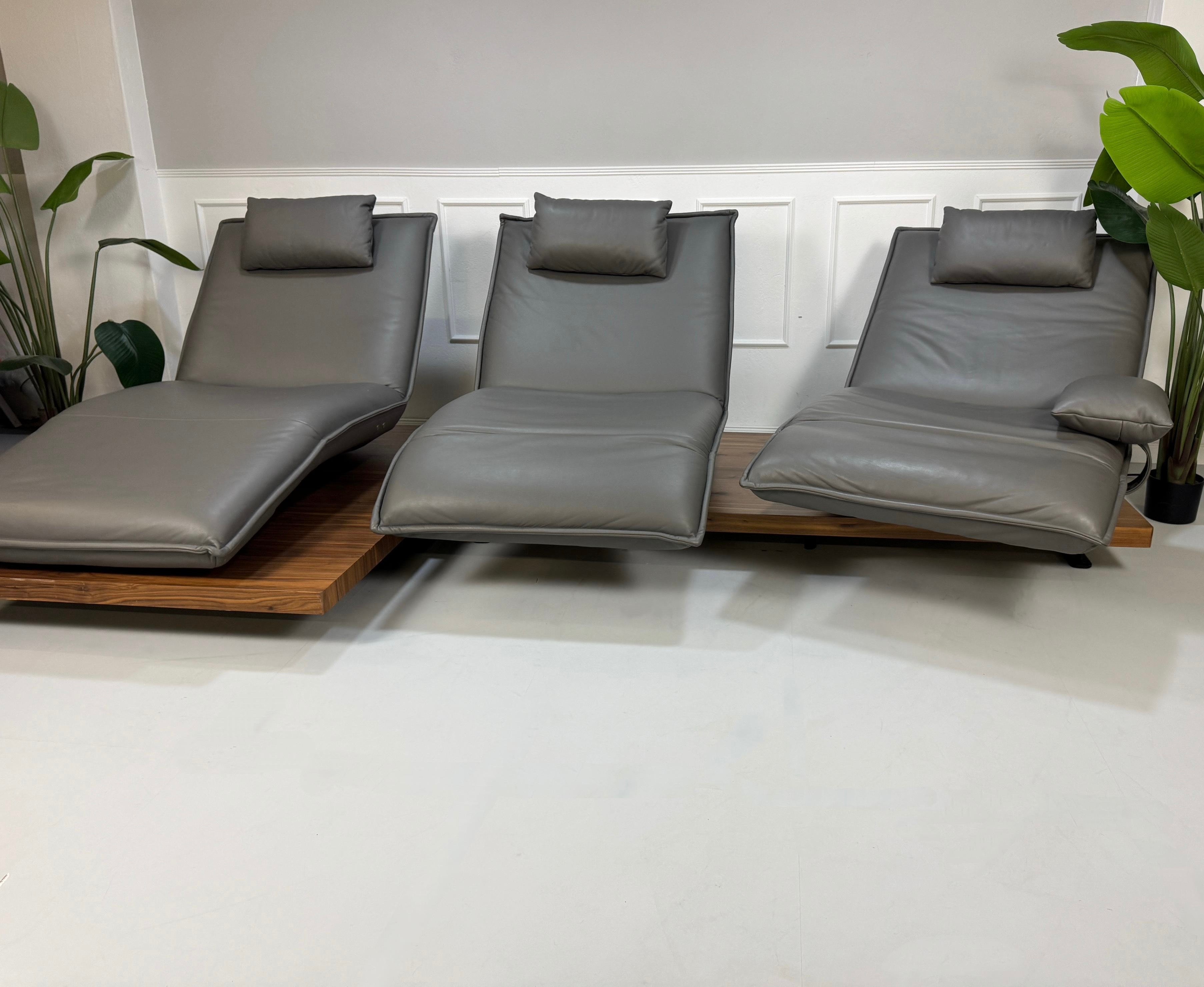 Gebrauchtes graues Koinor Epos Designer Leder Sofa vor einer Wand, stilvoll und modern eingerichtet.