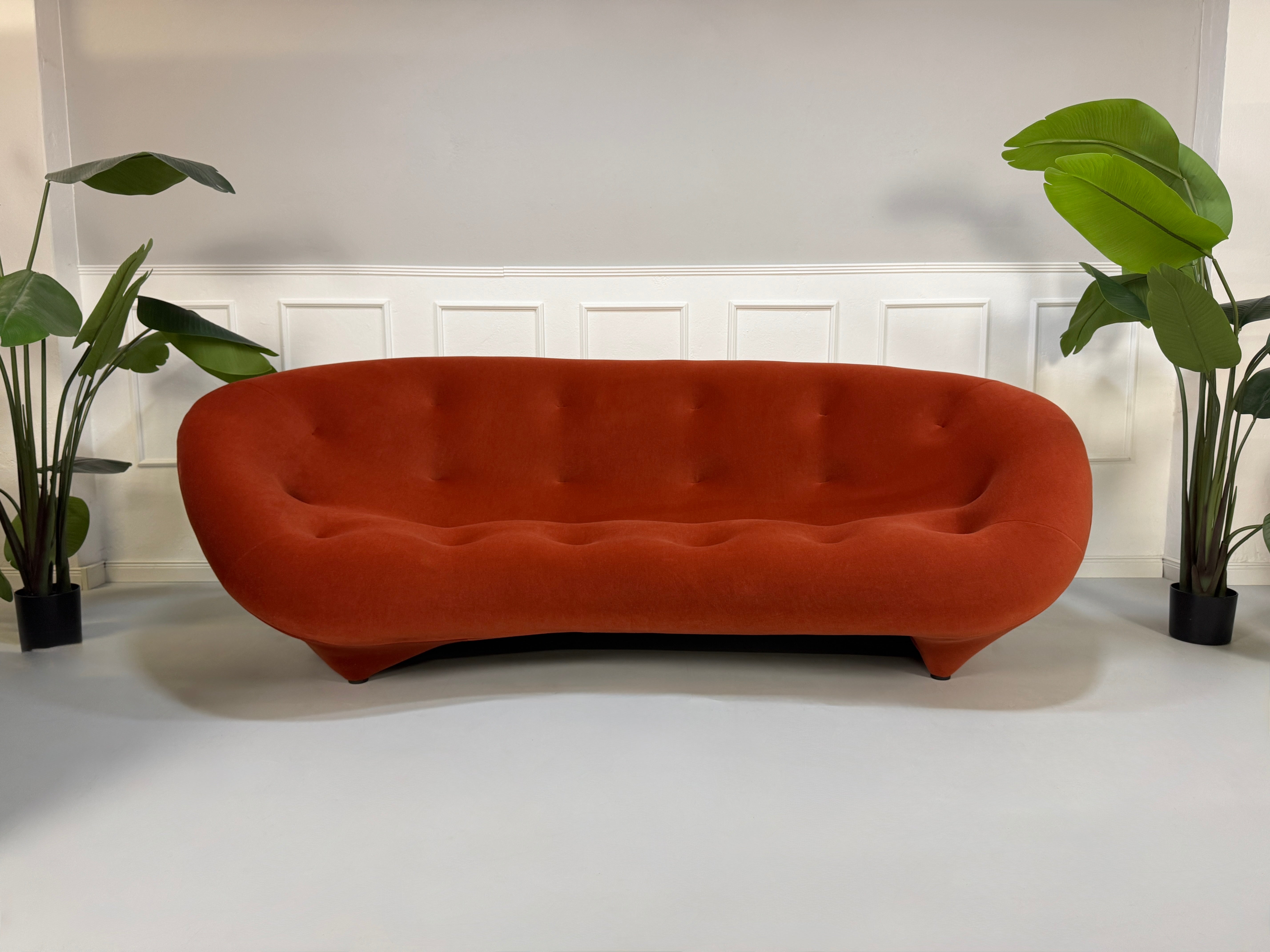 Ligne Roset Ploum in der Farbe Orange Designer Stoff Sofa vor einer Wand, stilvoll und modern eingerichtet.