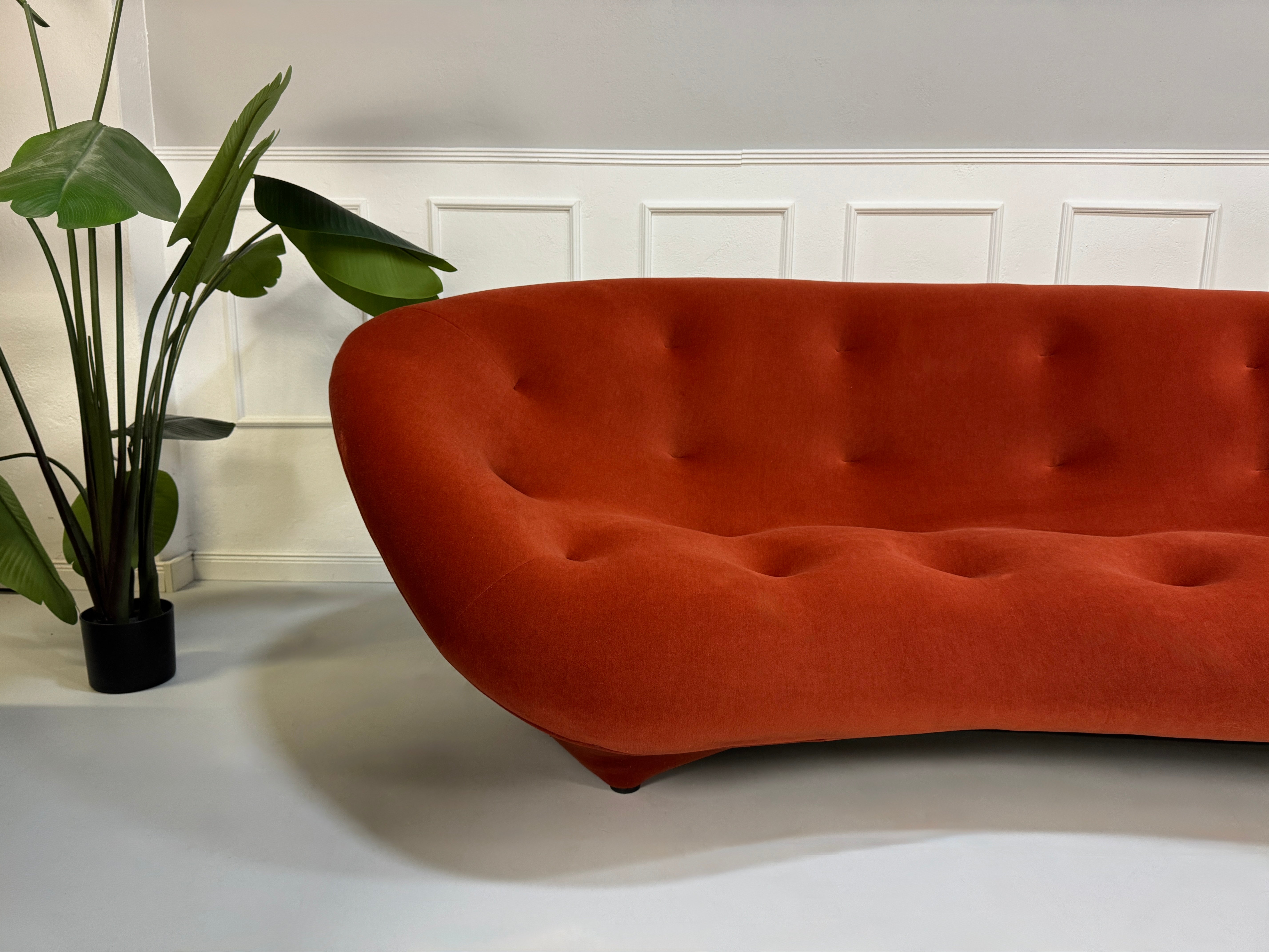 Ligne Roset Ploum in der Farbe Orange Designer Stoff Sofa vor einer Wand, stilvoll und modern eingerichtet.