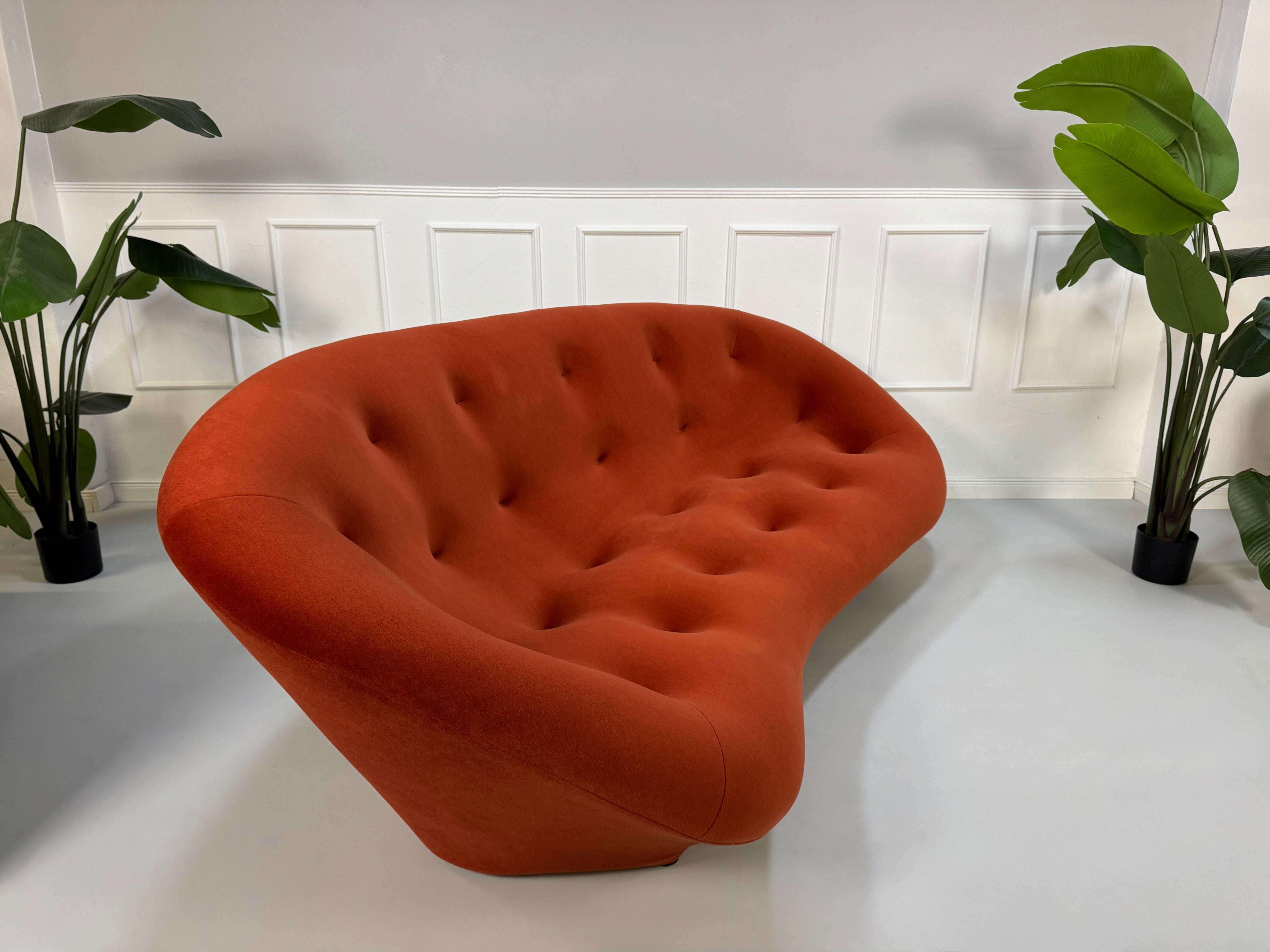 Ligne Roset Ploum in der Farbe Orange Designer Stoff Sofa vor einer Wand, stilvoll und modern eingerichtet.