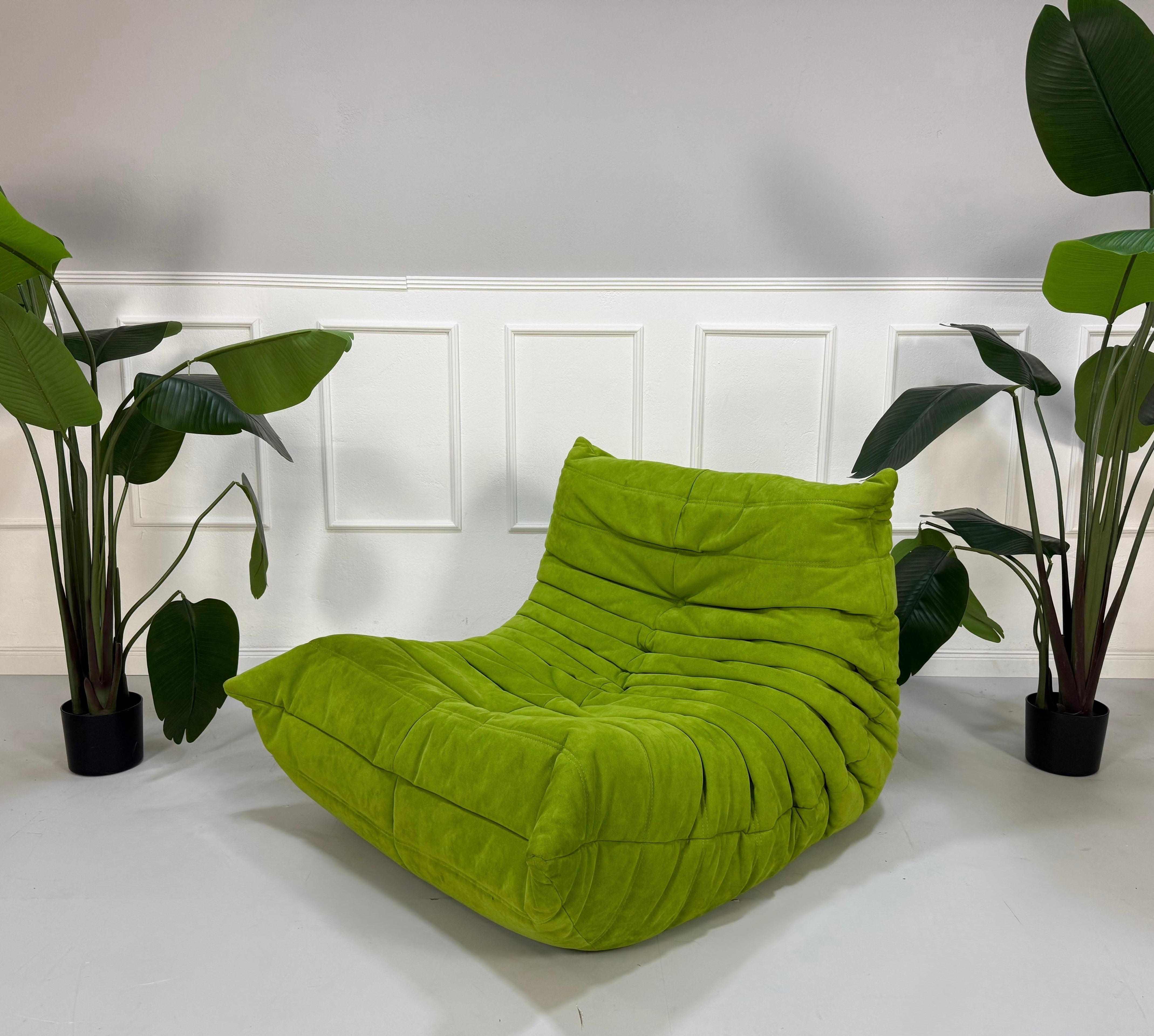 Erneuertes Ligne Roset Togo Designer Stoff Sofa in der Farbe Grün vor einer Wand, stilvoll und modern eingerichtet.