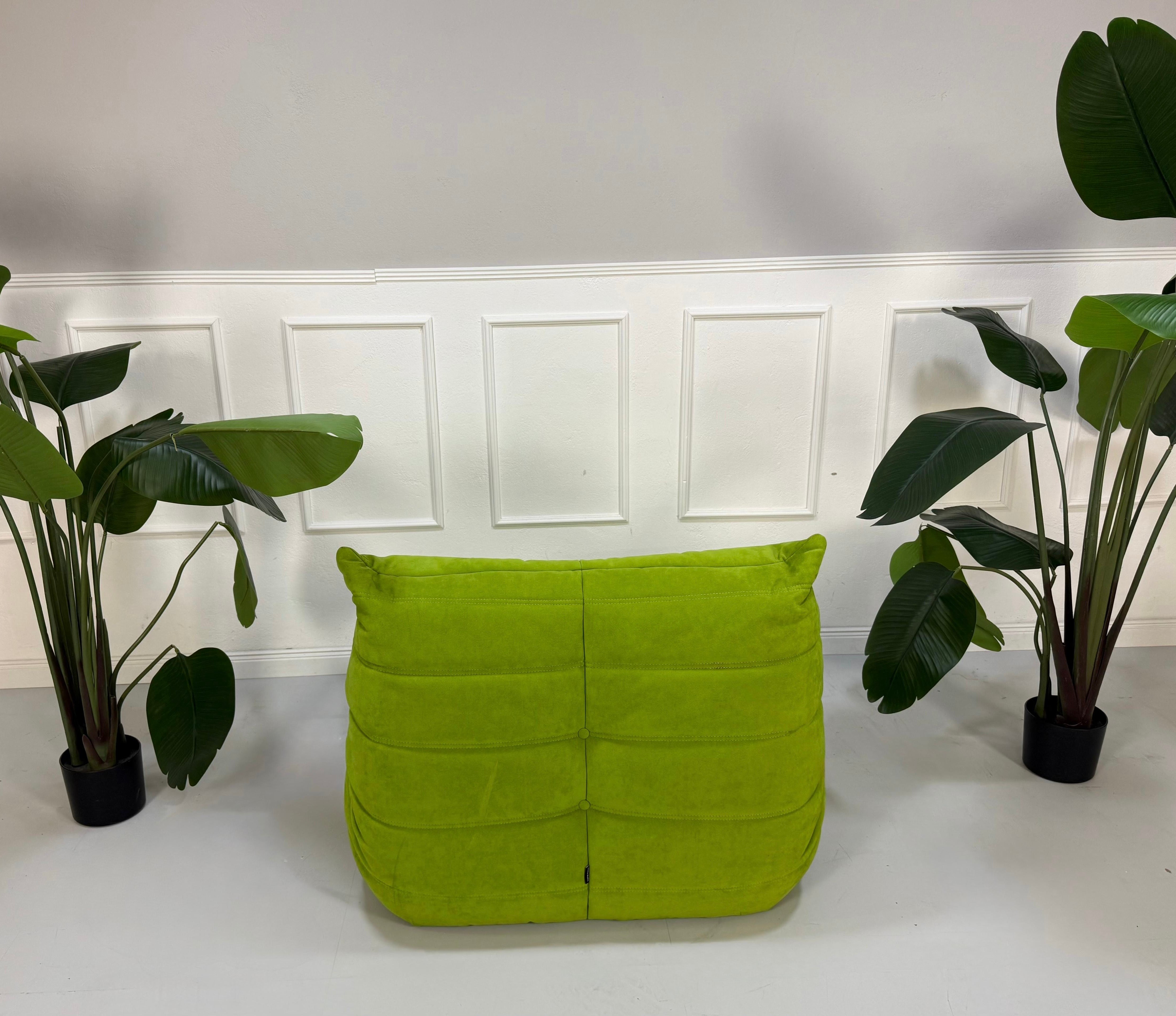 Erneuertes Ligne Roset Togo Designer Stoff Sofa in der Farbe Grün vor einer Wand, stilvoll und modern eingerichtet.