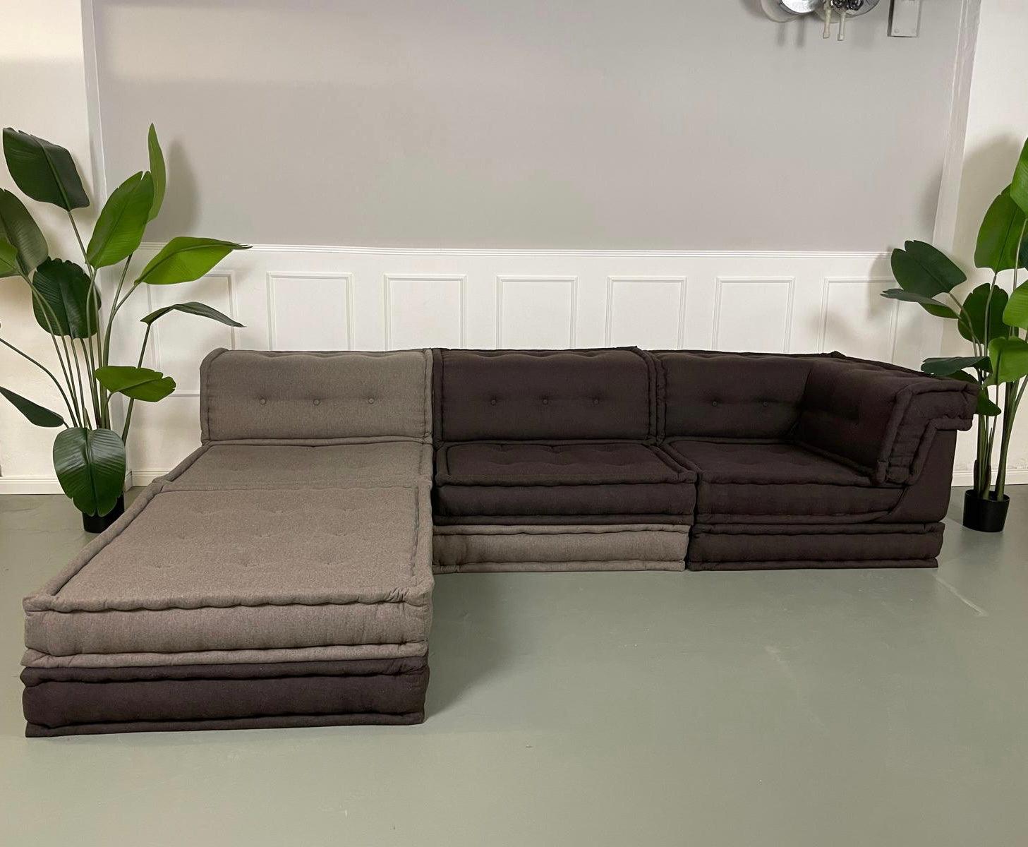 Gebrauchtes Roche Bobois Stoff Sofa in der Farbe Grau vor einer Wand, stilvoll und modern eingerichtet.