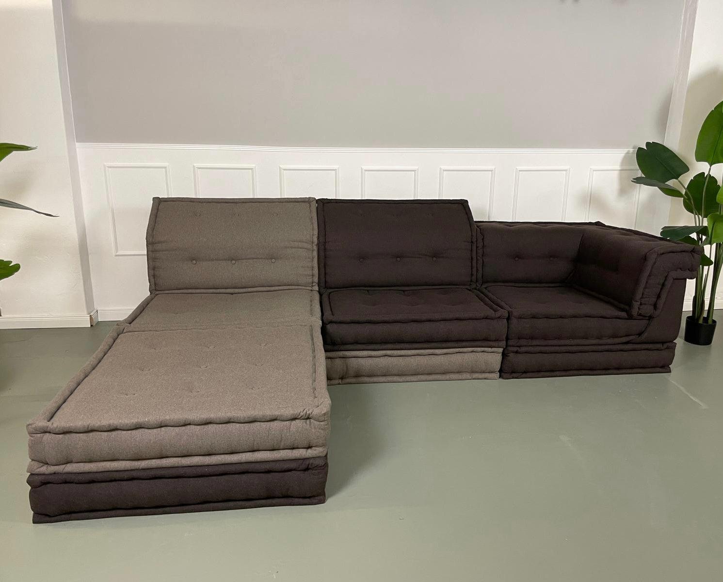 Gebrauchtes Roche Bobois Stoff Sofa in der Farbe Grau vor einer Wand, stilvoll und modern eingerichtet.