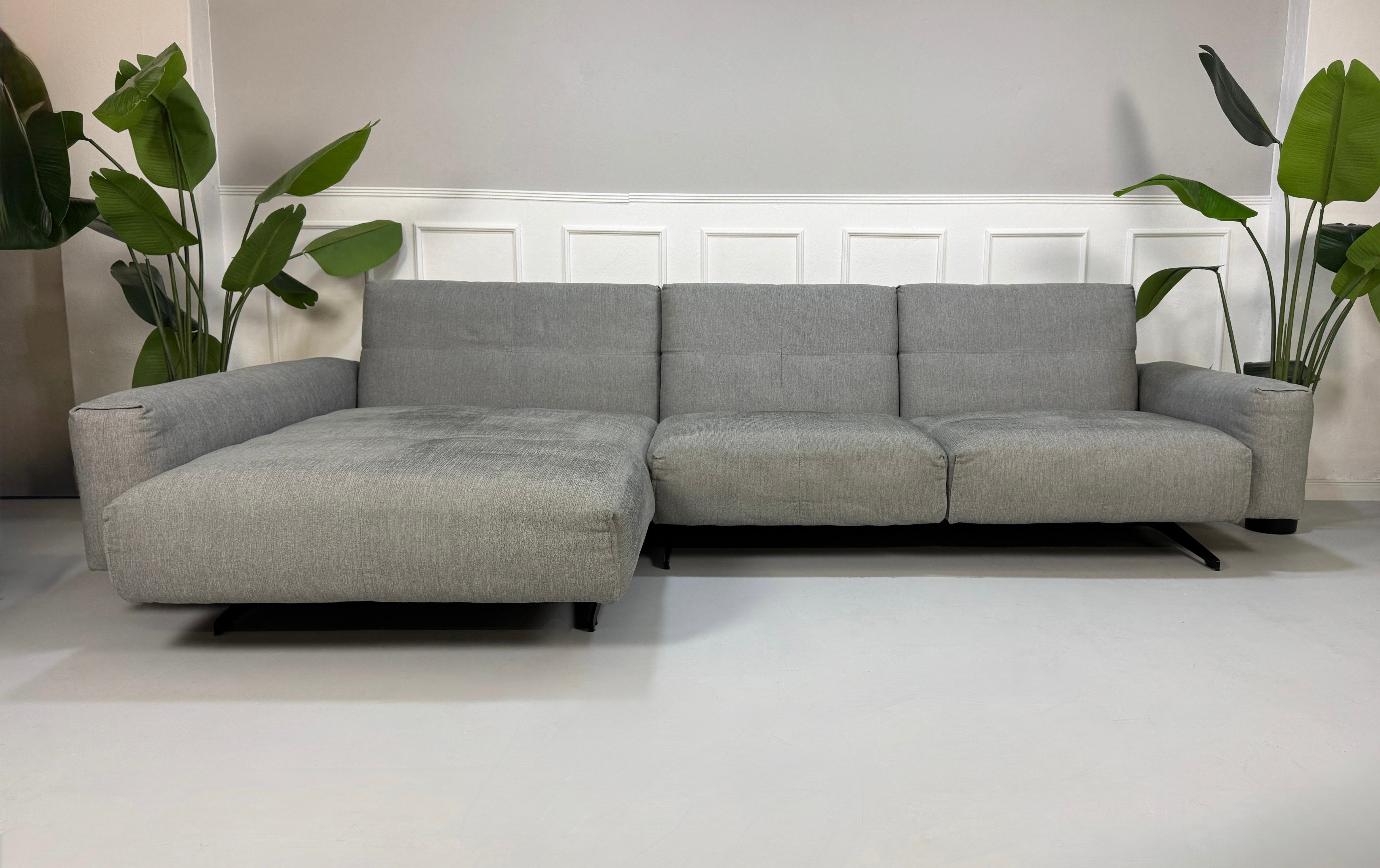 Gebrauchtes graues Rolf Benz 50 Designer Stoff Sofa vor einer Wand, stilvoll und modern eingerichtet.