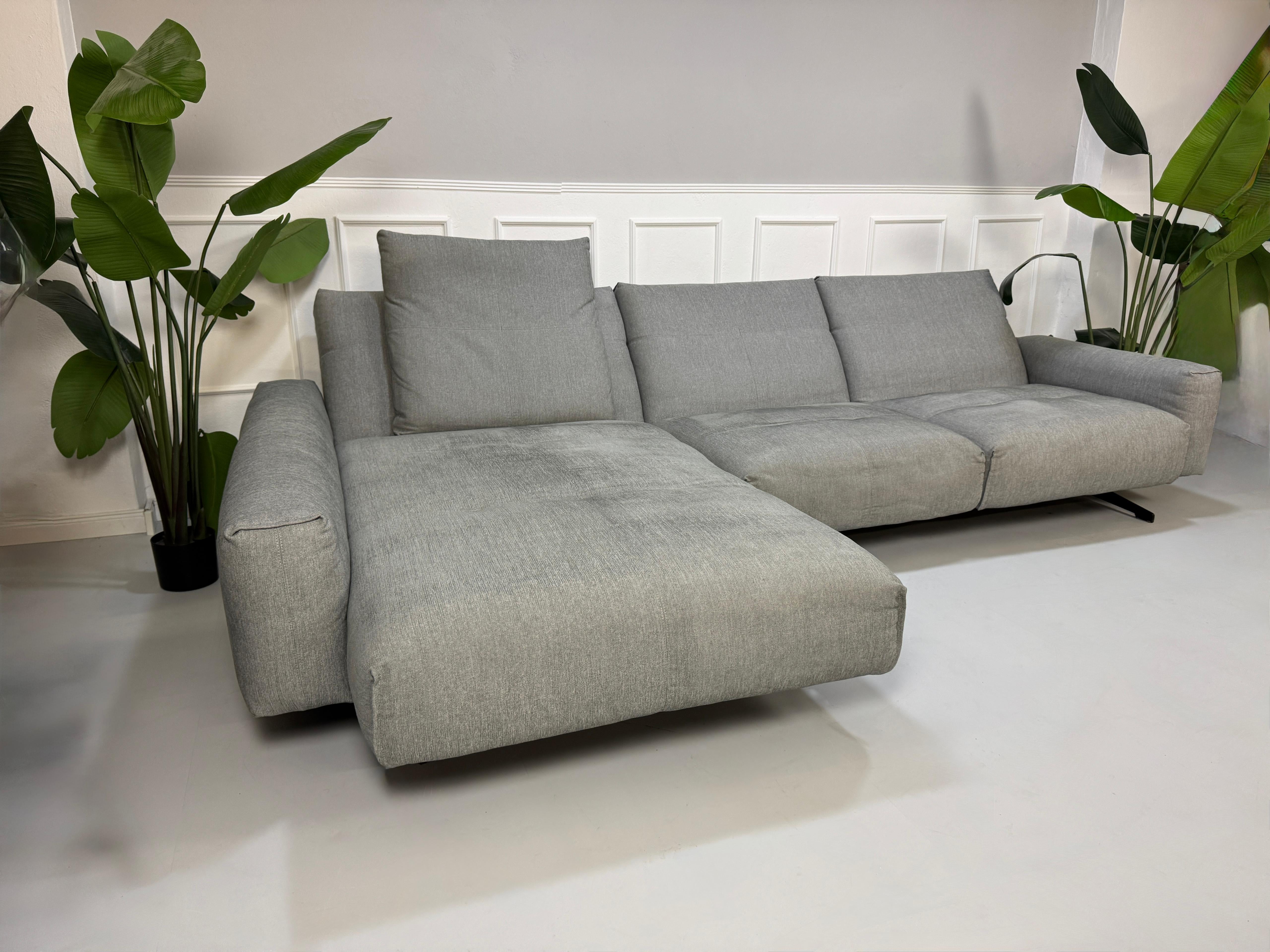 Gebrauchtes graues Rolf Benz 50 Designer Stoff Sofa vor einer Wand, stilvoll und modern eingerichtet.