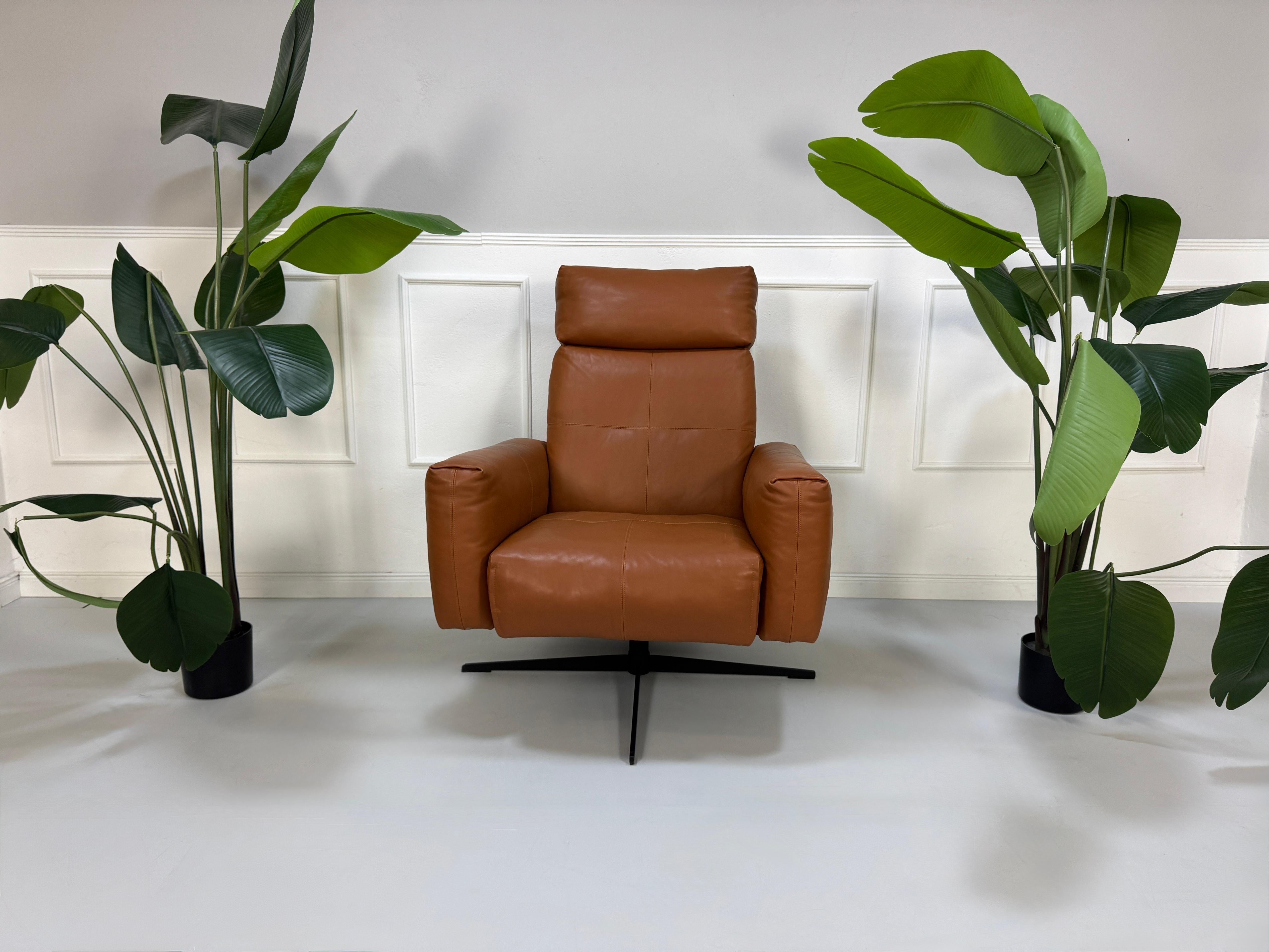 Gebrauchter brauner Rolf Benz 50 Designer Leder Sessel vor einer Wand, stilvoll und modern eingerichtet.