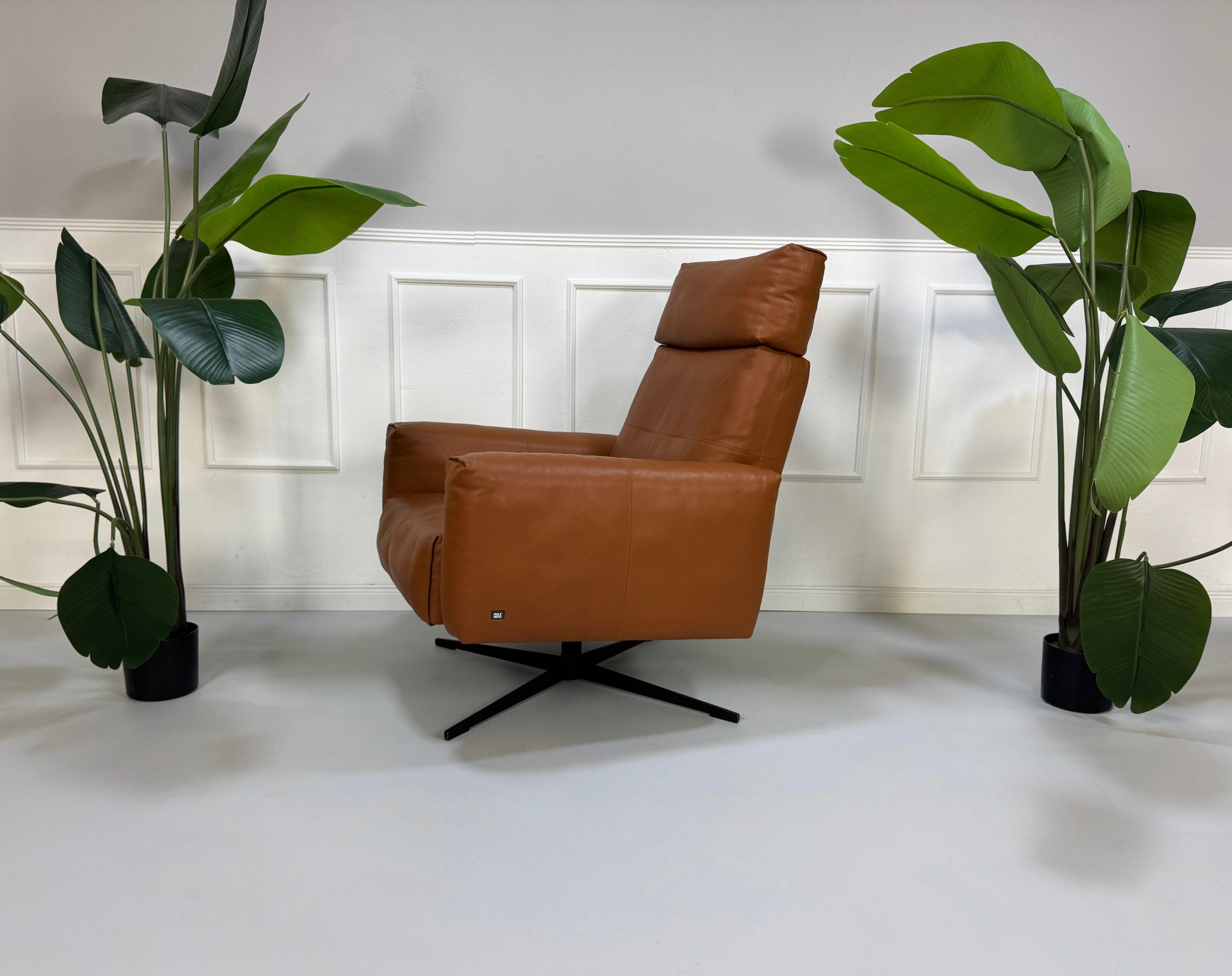 Gebrauchter brauner Rolf Benz 50 Designer Leder Sessel vor einer Wand, stilvoll und modern eingerichtet.