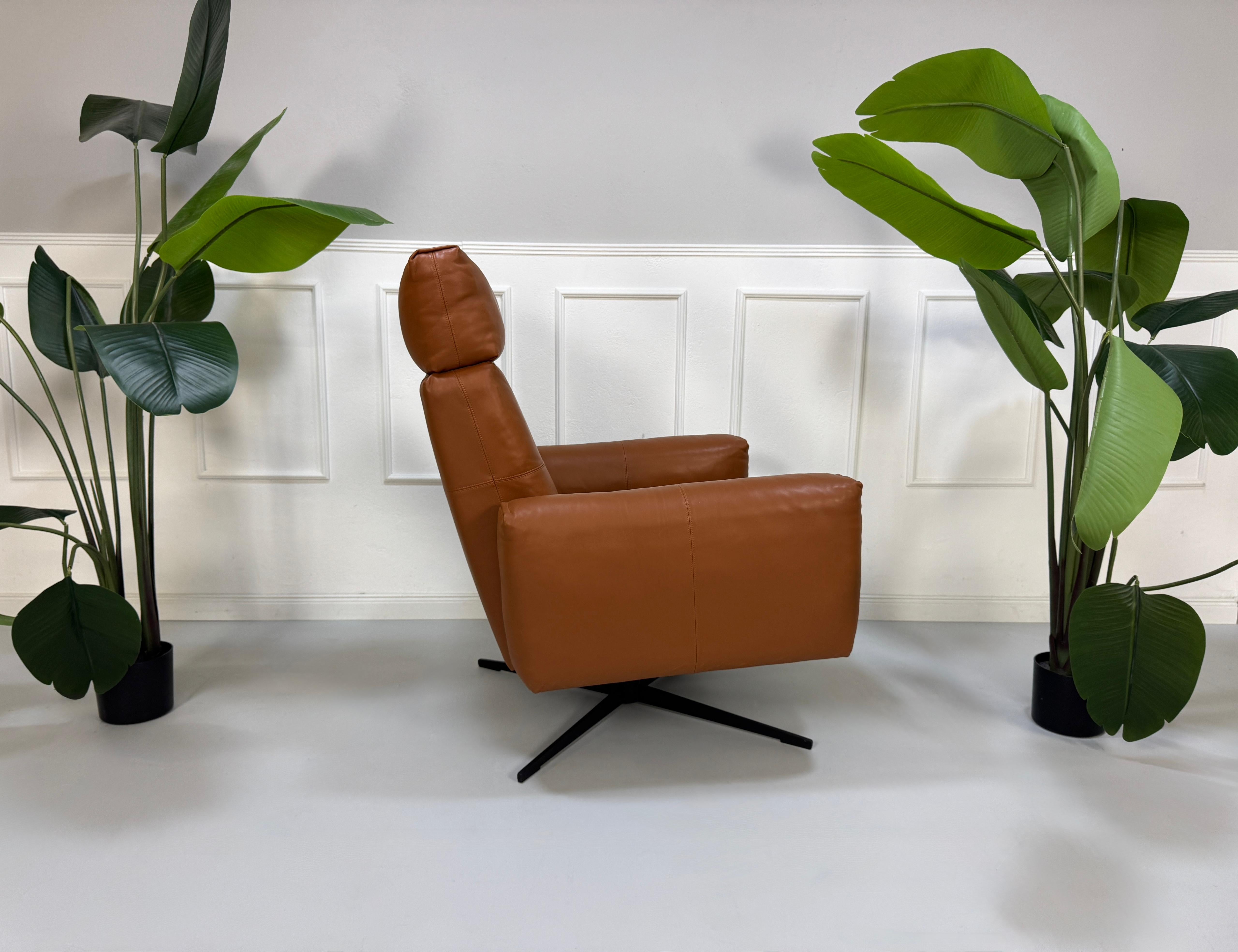 Gebrauchter brauner Rolf Benz 50 Designer Leder Sessel vor einer Wand, stilvoll und modern eingerichtet.