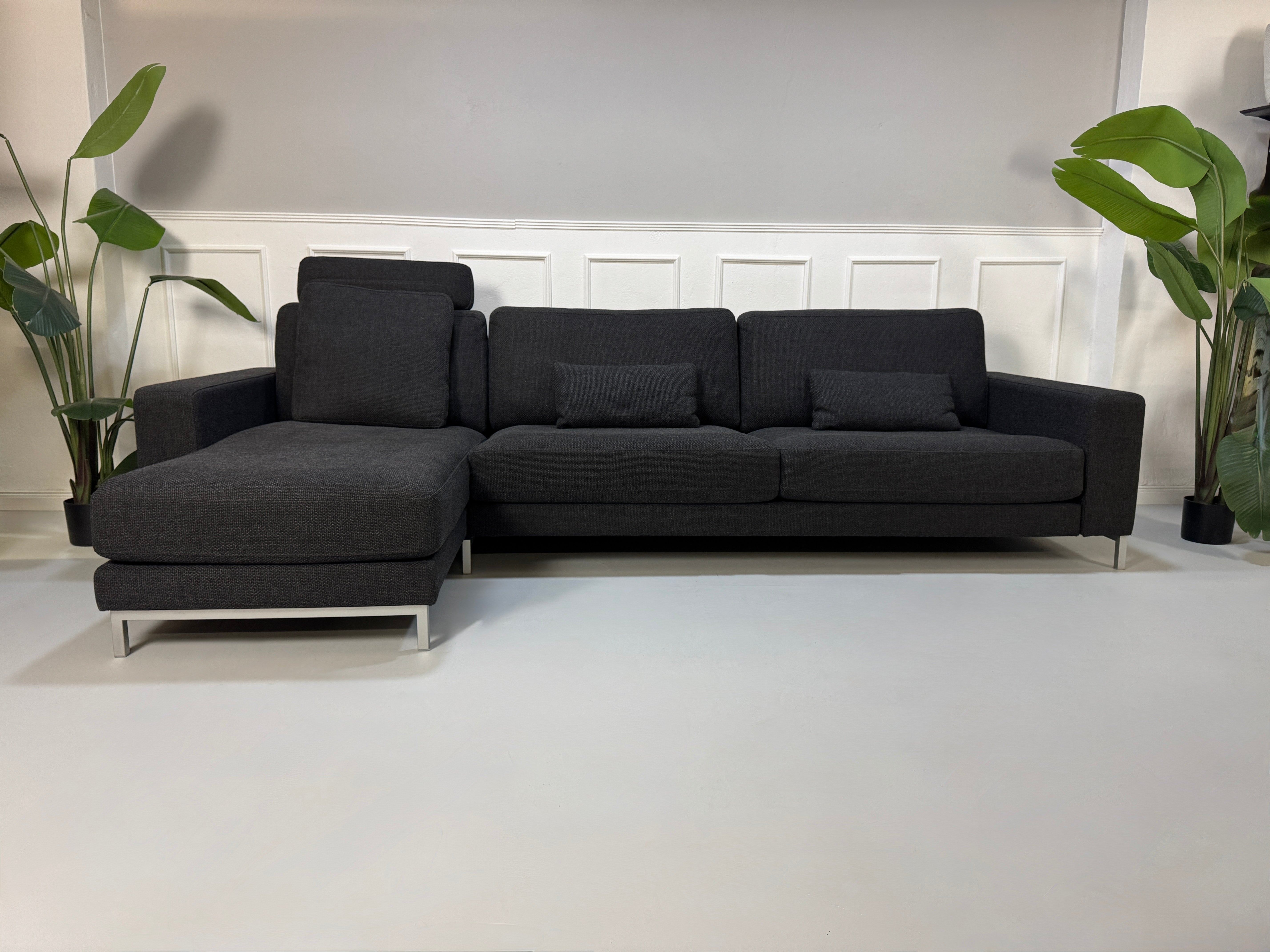Rolf Benz Sofa Ego in der Farbe Grau Designer Stoff Sofa vor einer Wand, stilvoll und modern eingerichtet.