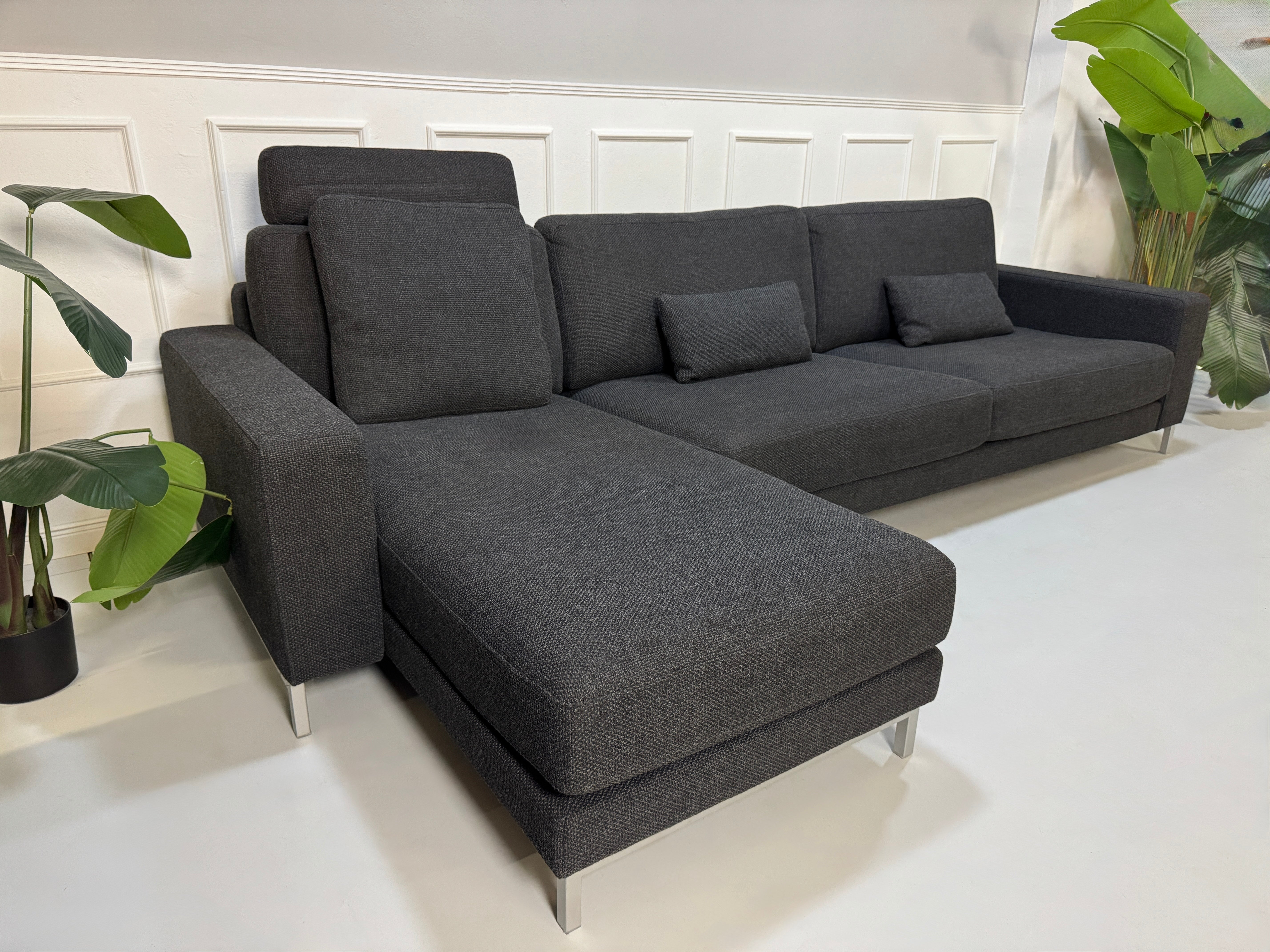 Rolf Benz Sofa Ego in der Farbe Grau Designer Stoff Sofa vor einer Wand, stilvoll und modern eingerichtet.