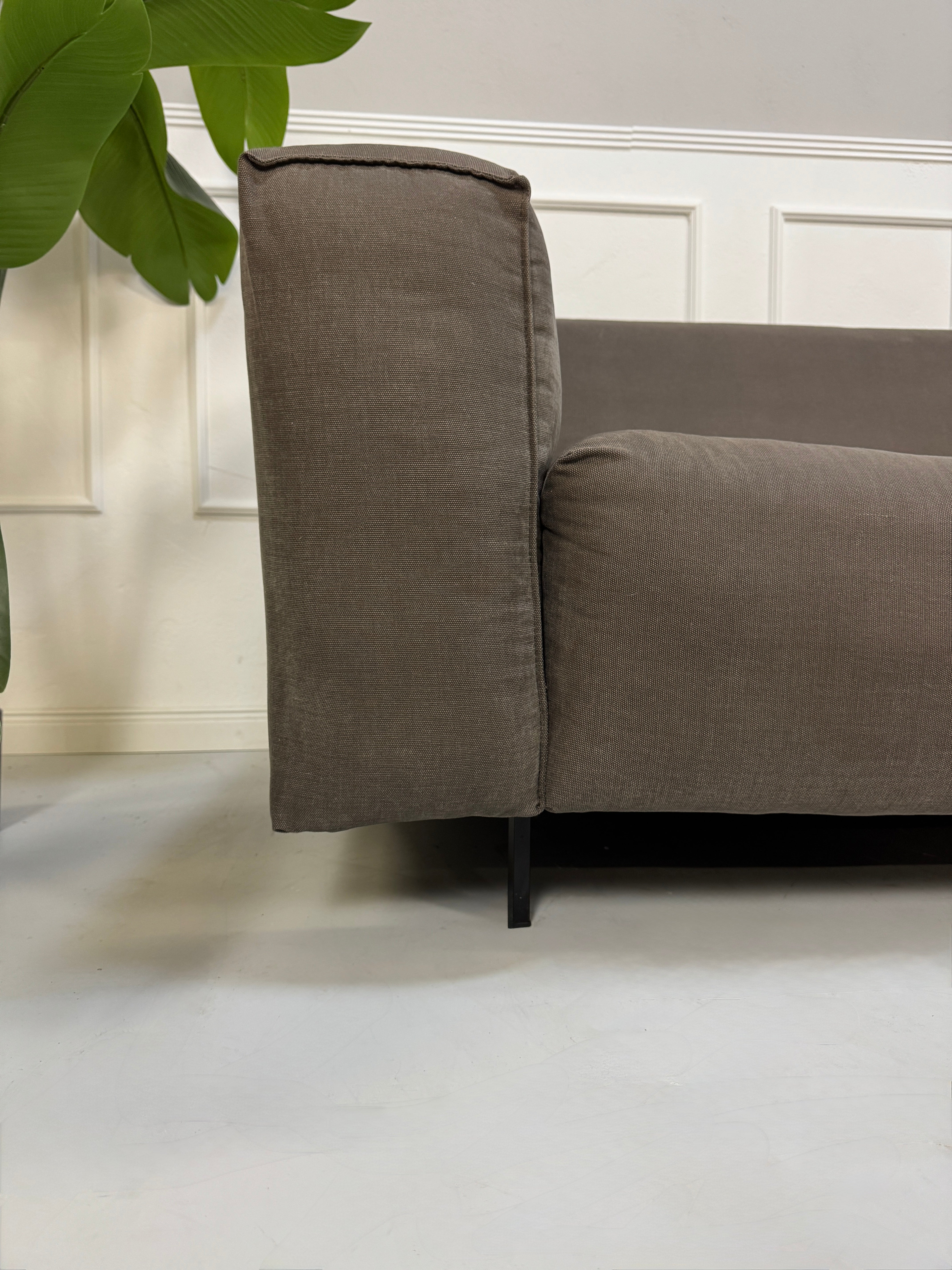 Refurbsihed graues Rolf Benz Grata Designer Stoff Sofa vor einer Wand, stilvoll und modern eingerichtet.