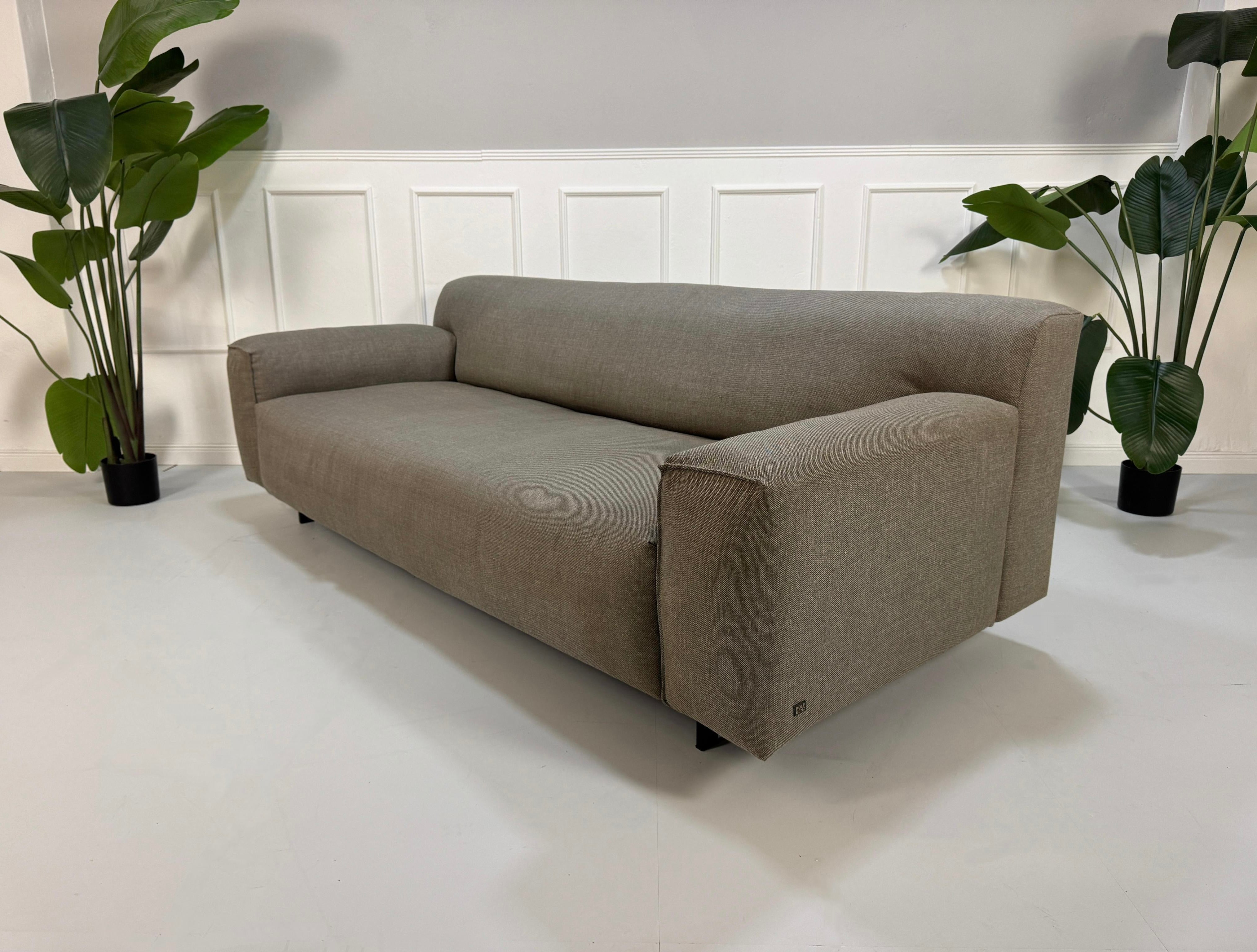 Gebrauchtes graues Rolf Benz Grata Designer Stoff Sofa vor einer Wand, stilvoll und modern eingerichtet.