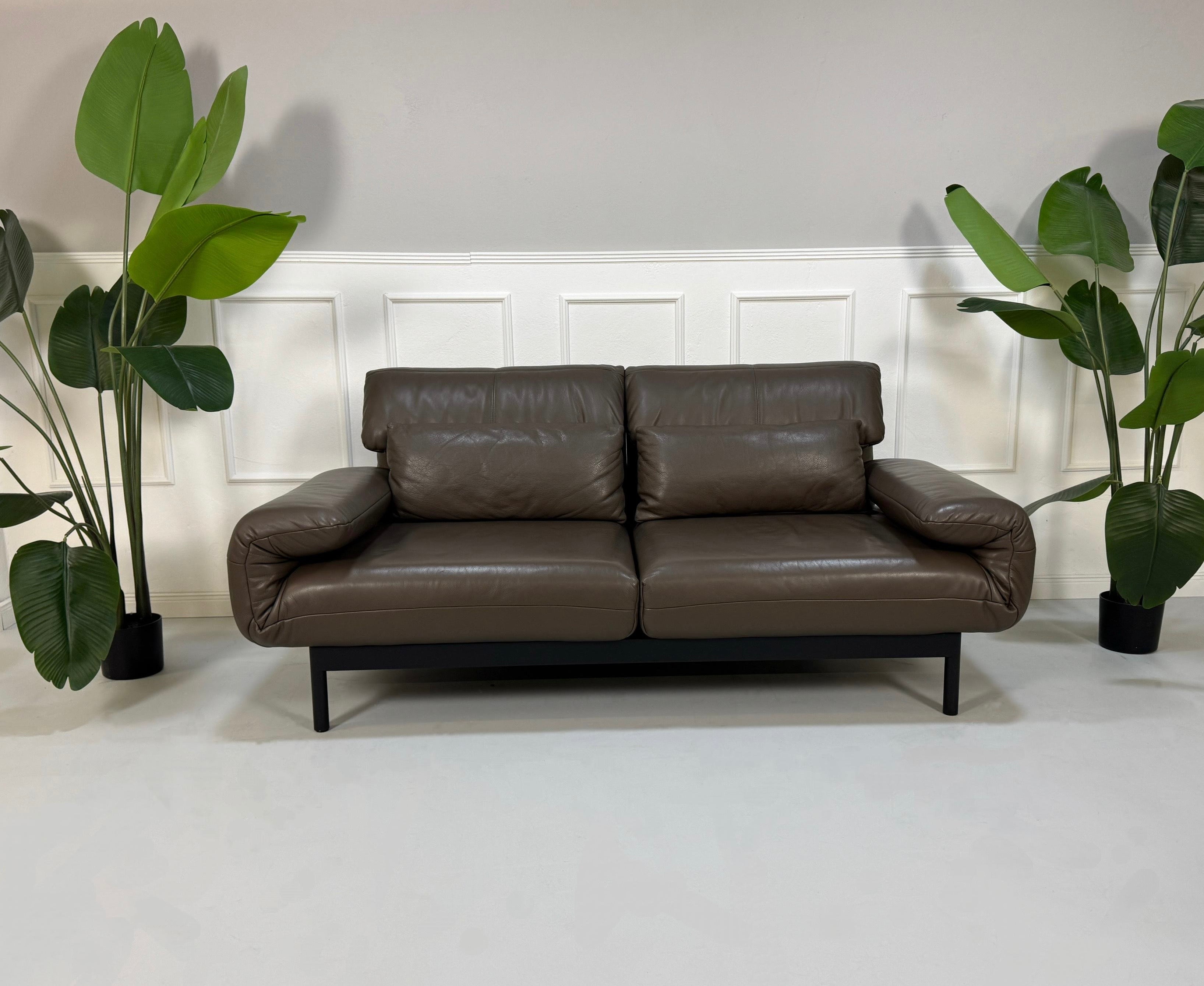 Gebrauchtes Rolf Benz Plura Sofa Leder in der Farbe Braun vor einer Wand, stilvoll und modern eingerichtet.