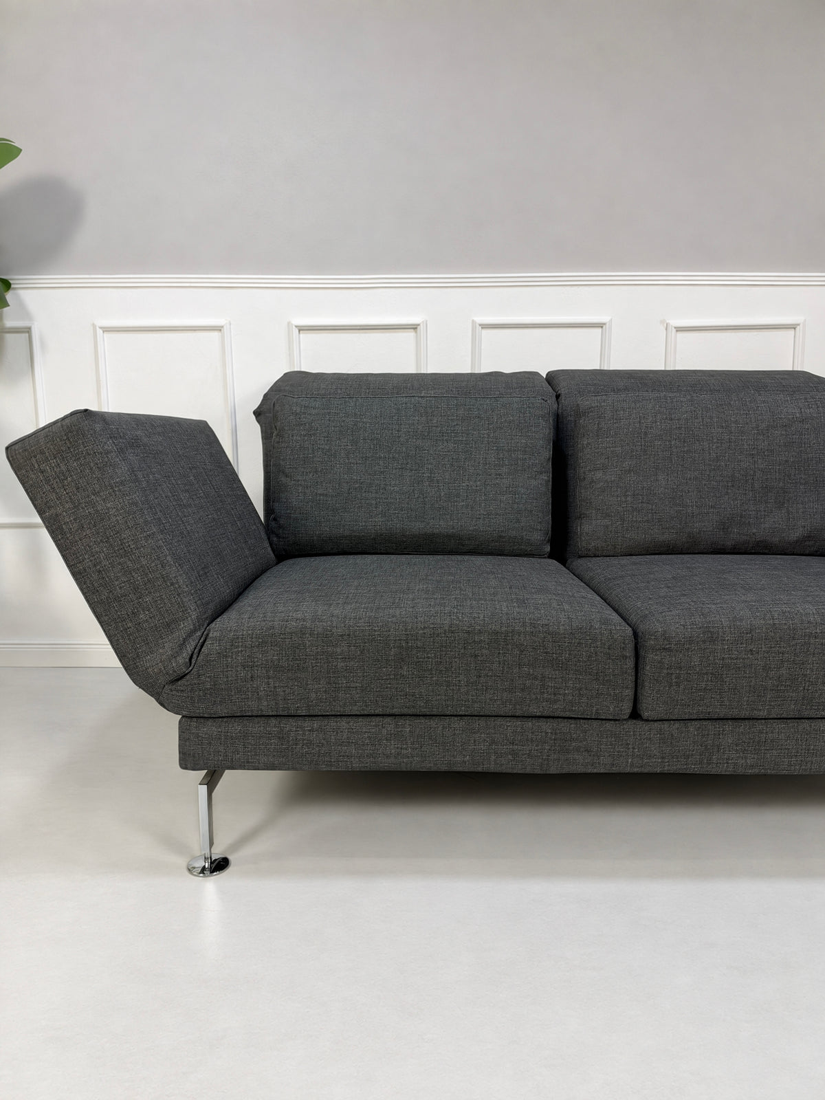 Gebrauchtes graues Brühl Moule Medium Designer Stoff Sofa vor einer Wand, stilvoll und modern eingerichtet.