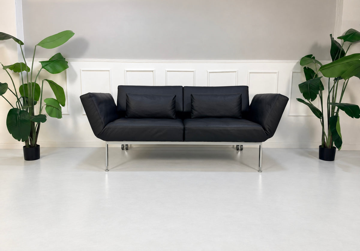 Gebrauchtes schwarzes Brühl Roro Soft Medium Designer Leder Sofa vor einer Wand, stilvoll und modern eingerichtet.