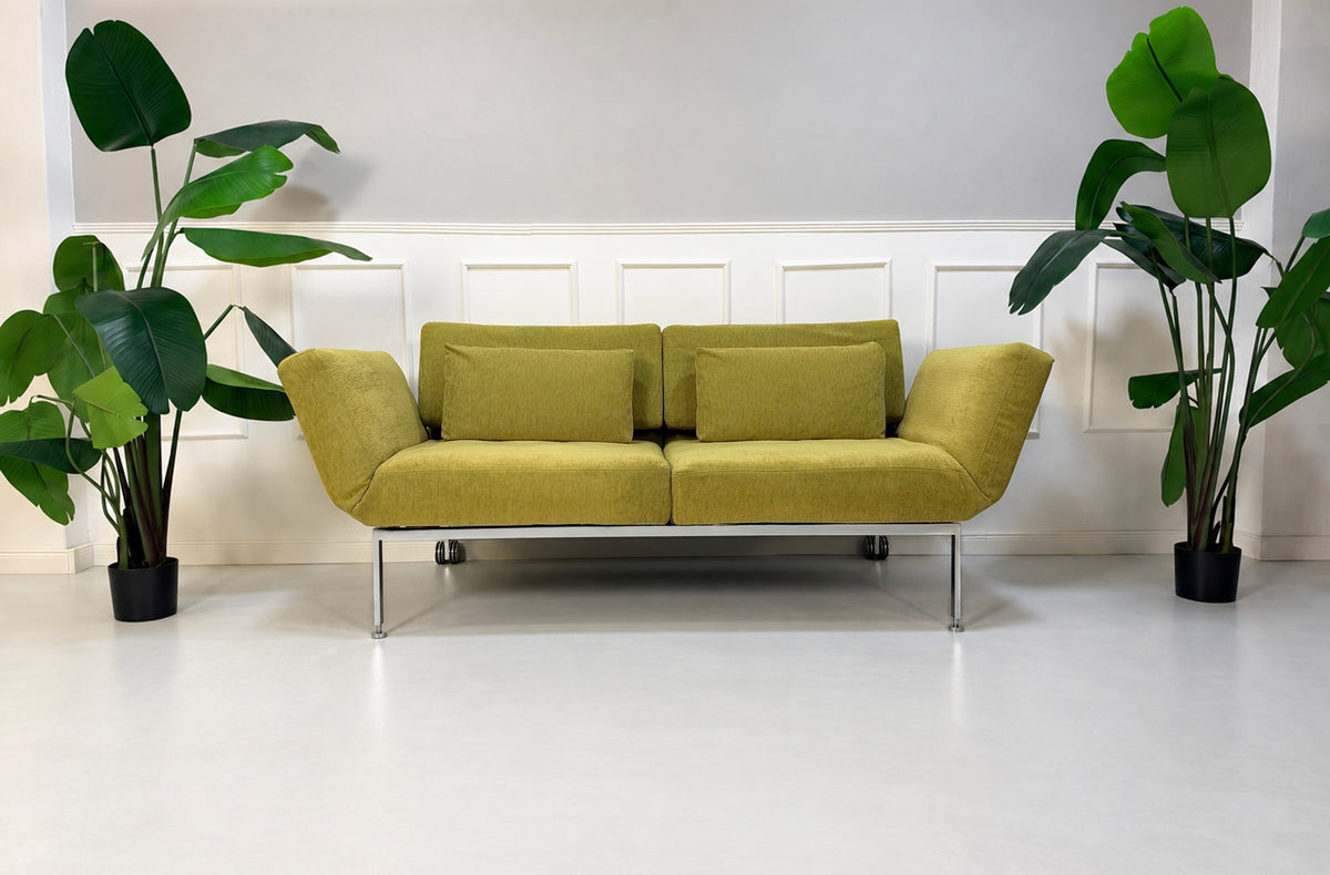 Gebrauchtes grünes Brühl Roro Soft Medium Designer Stoff Sofa vor einer Wand, stilvoll und modern eingerichtet.