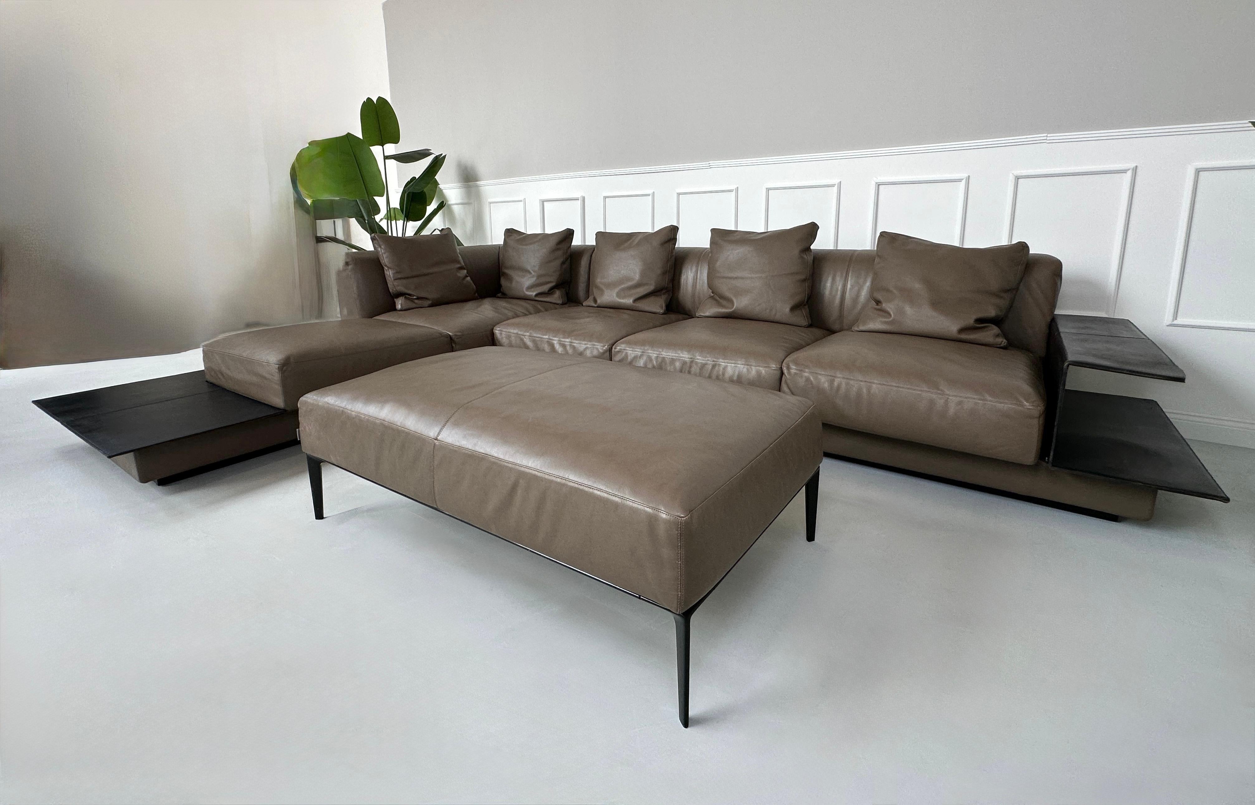 Gebrauchtes braunes Walter Knoll Grand Suite Designer Leder Sofa vor einer Wand, stilvoll und modern eingerichtet.