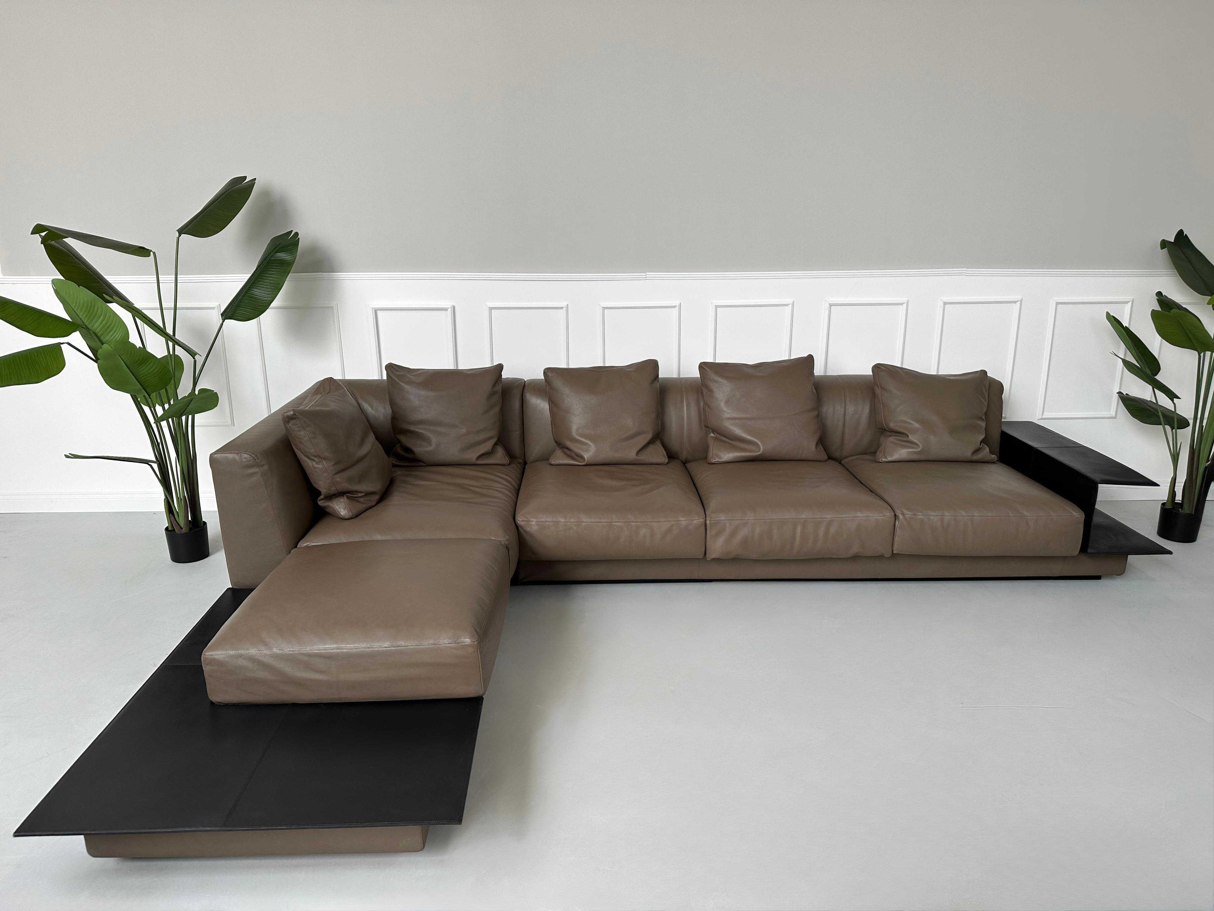 Gebrauchtes braunes Walter Knoll Grand Suite Designer Leder Sofa vor einer Wand, stilvoll und modern eingerichtet.