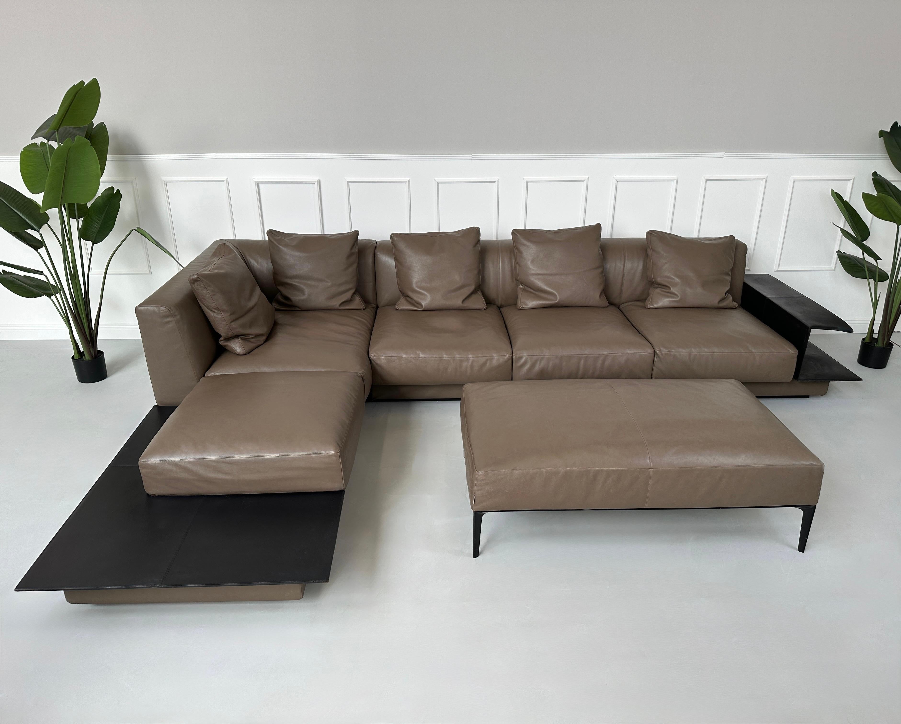 Gebrauchtes braunes Walter Knoll Grand Suite Designer Leder Sofa vor einer Wand, stilvoll und modern eingerichtet.