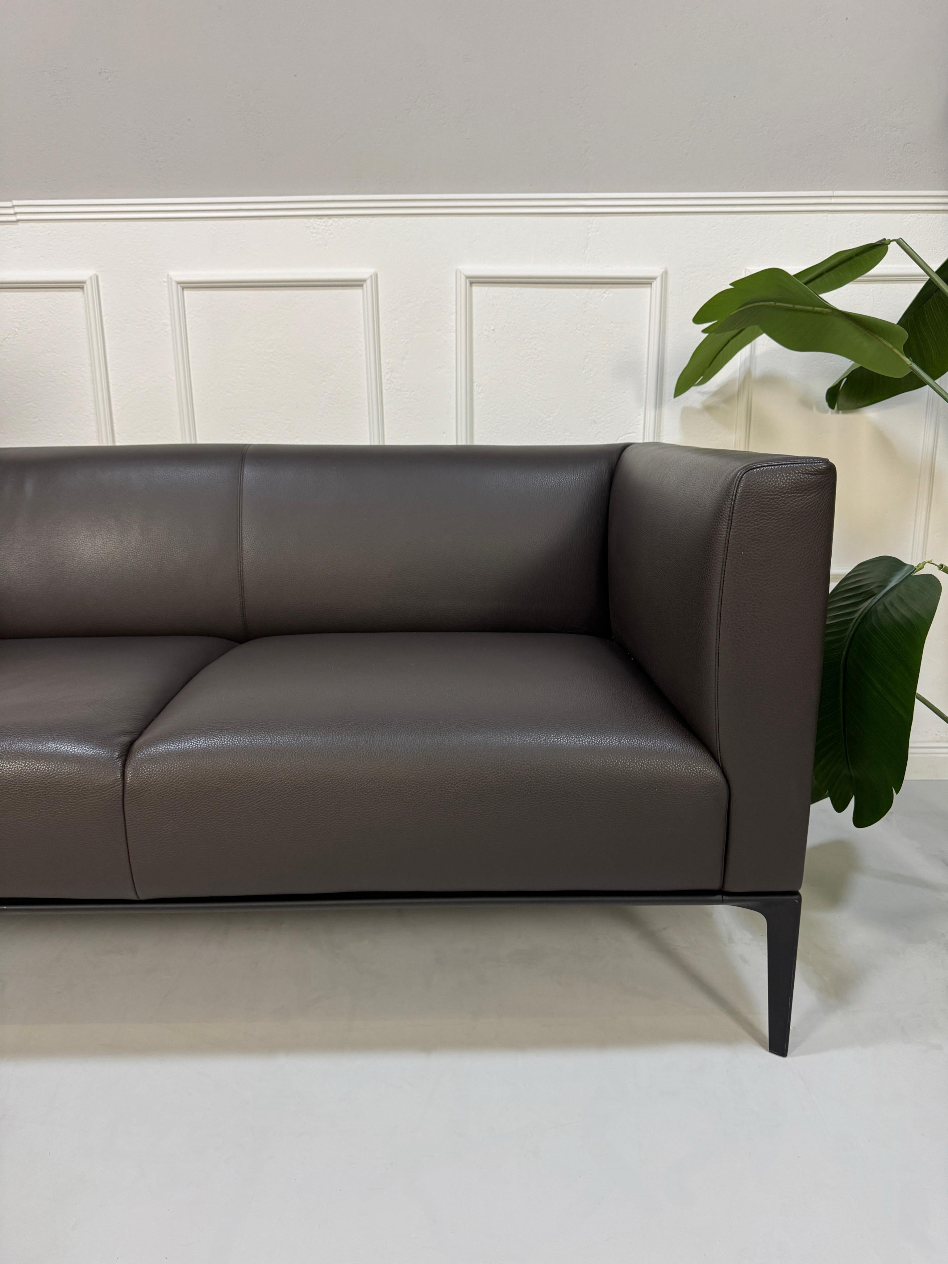 Gebrauchtes braunes Walter Knoll JAAN Designer Leder Sofa vor einer Wand, stilvoll und modern eingerichtet.