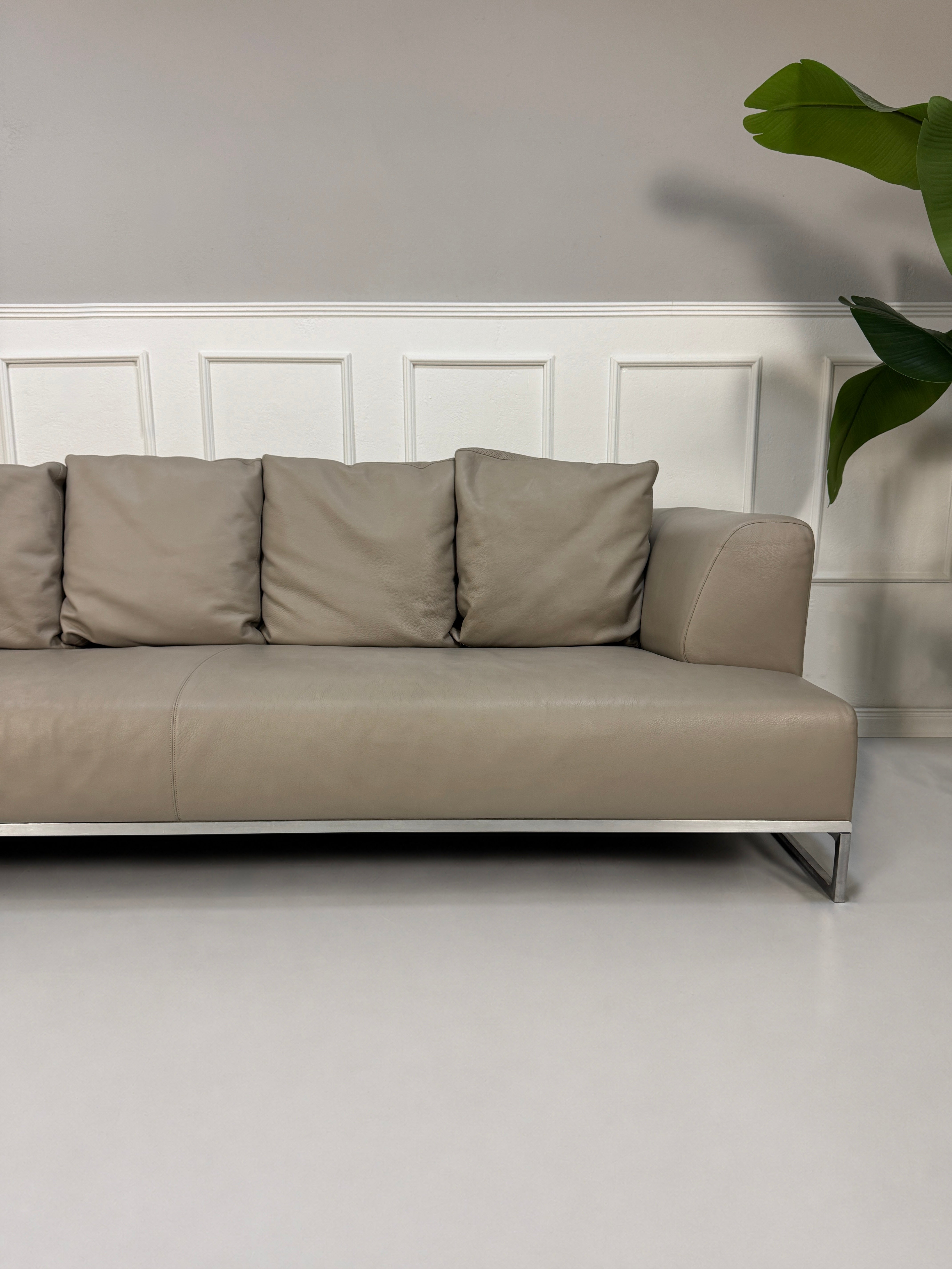 Gebrauchtes graues B&B Italia Solo Designer Leder Sofa vor einer Wand, stilvoll und modern eingerichtet.