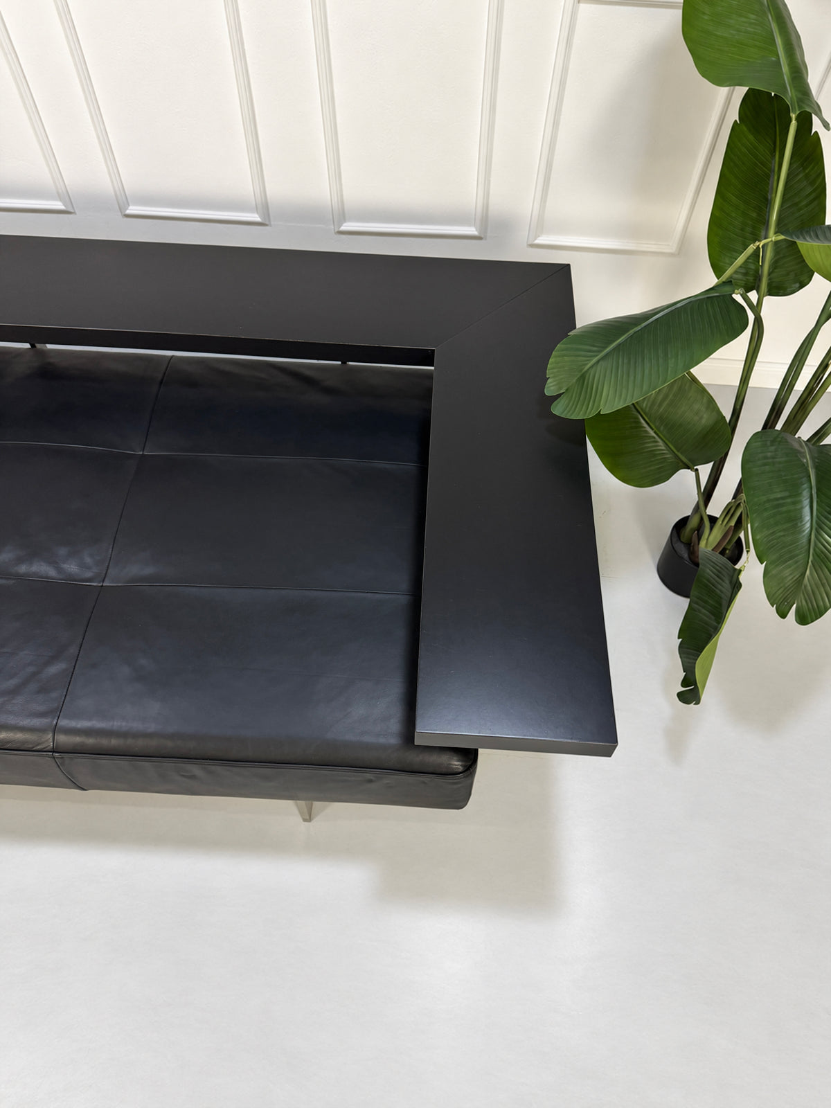 Gebrauchtes schwarzes Rolf Benz Dono Designer Leder Sofa vor einer Wand, stilvoll und modern eingerichtet.